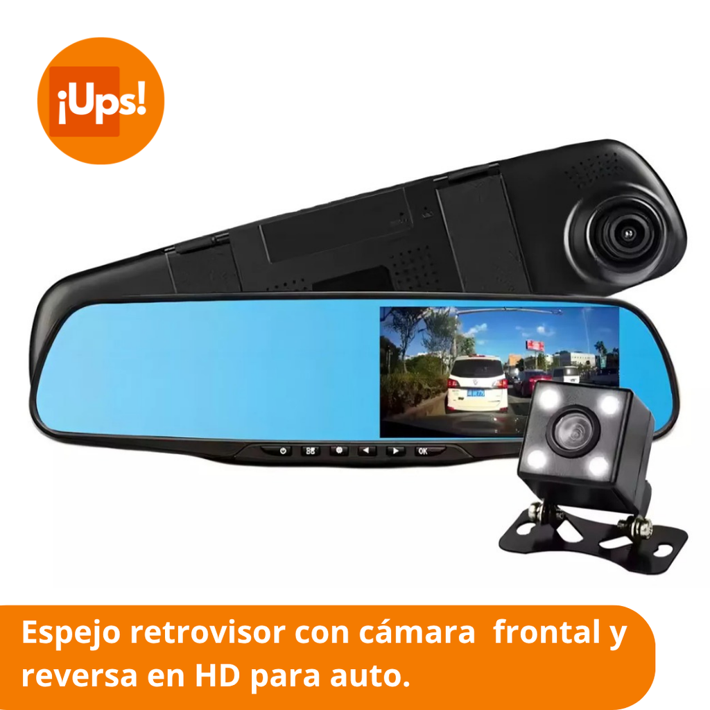 Espejo retrovisor con pantalla incorporada, cámara frontal y de reversa