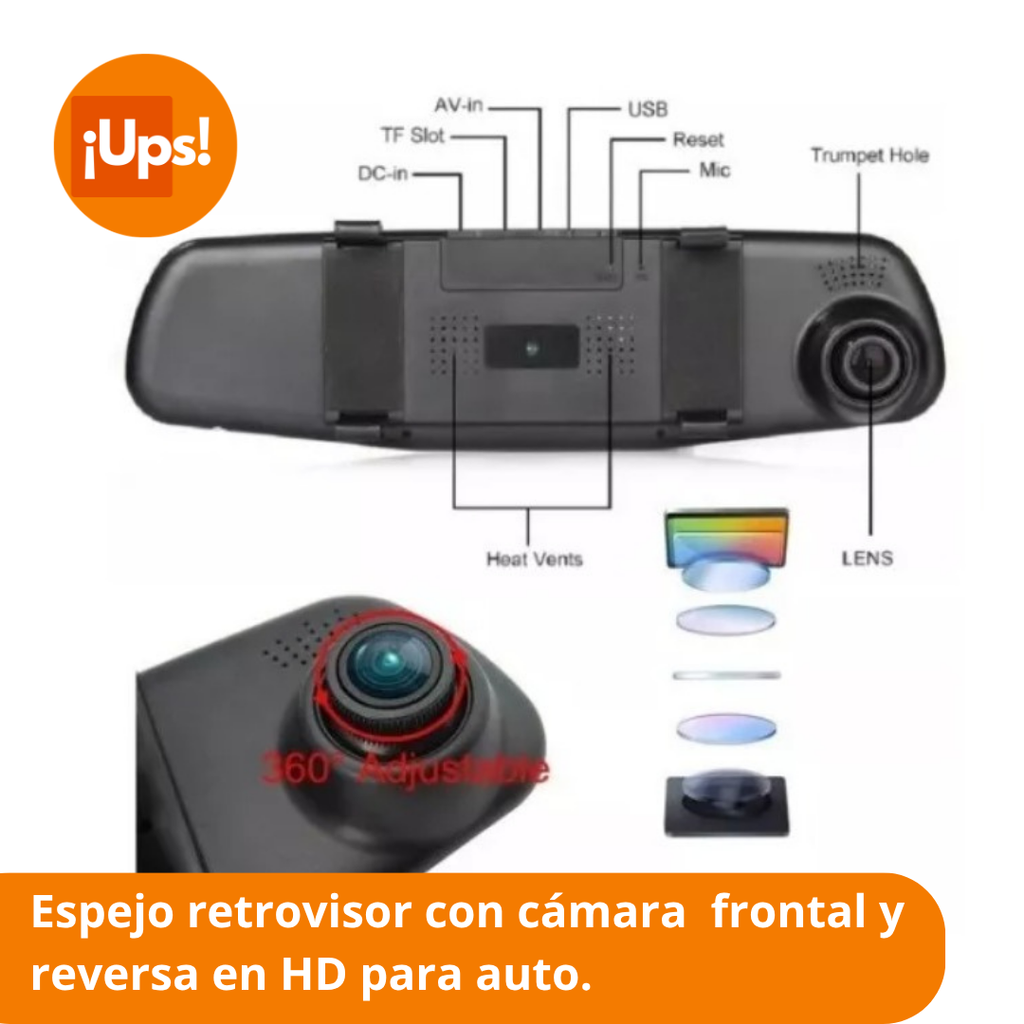 Espejo retrovisor con pantalla incorporada, cámara frontal y de reversa