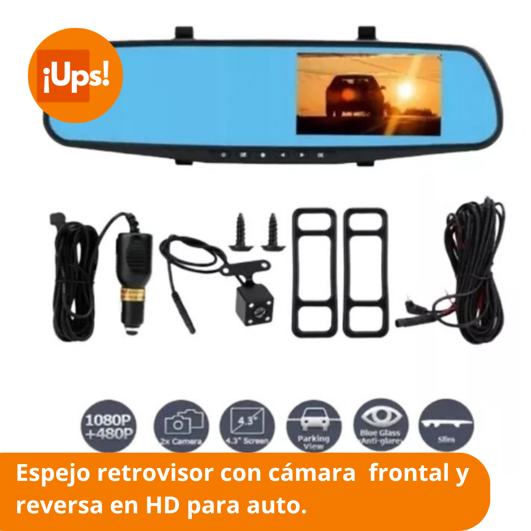 Espejo retrovisor con pantalla incorporada, cámara frontal y de reversa